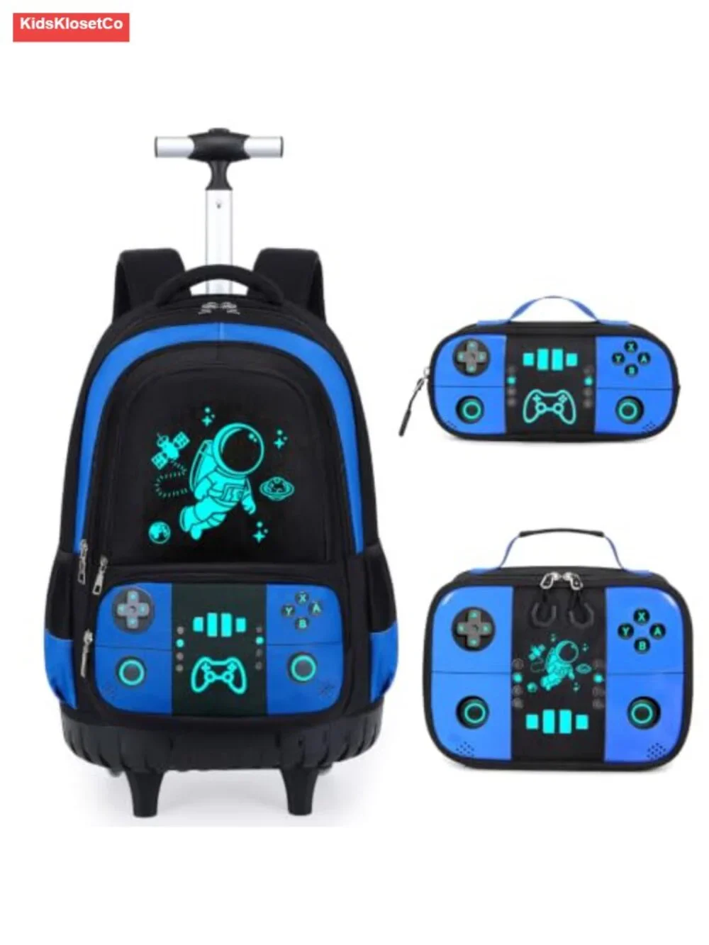Rolling Backpack for Boys - Cool Luminous Gamer Wheeled Schoolbag with Lunch